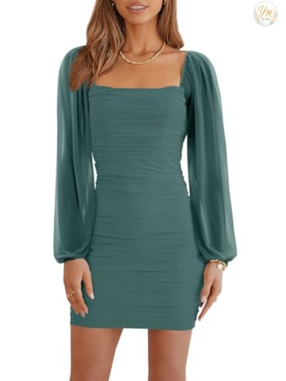 Mesh Long Sleeve Square Neck Ruched Bodycon Mini Dress